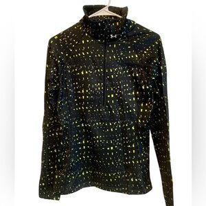 Black with green neon yellow print zip up long sleeve athletic top base layer